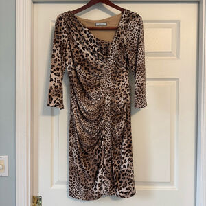 Women's Laura Max Poet Dress Size M Leopard Print 3/4 Sleeve Ruched Bodycon